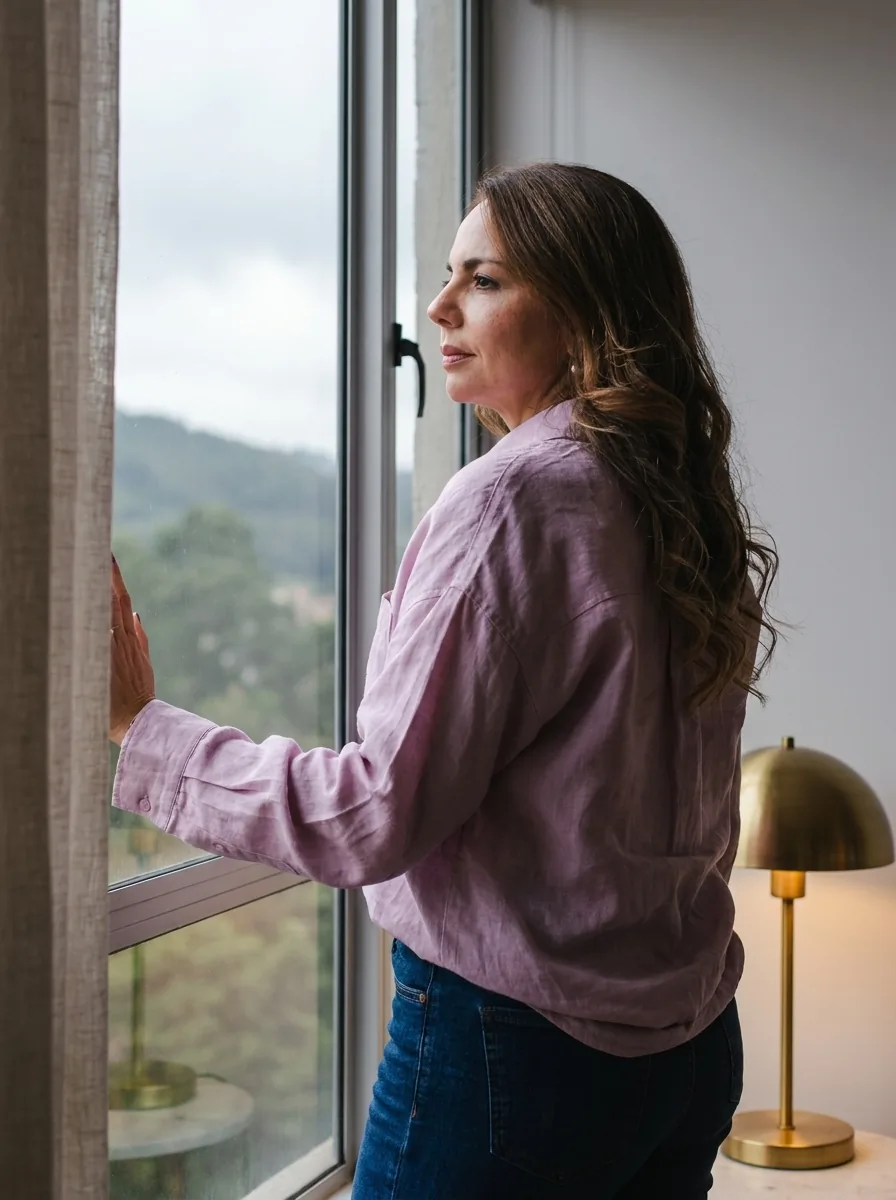 Mujer de pie junto a una ventana abierta, con la mano apoyada en el cristal