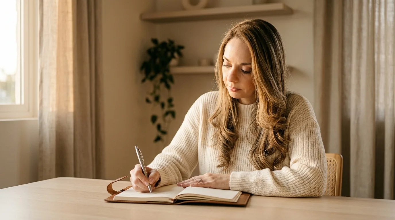 Maggie Pulido escribiendo a mano en su escritorio