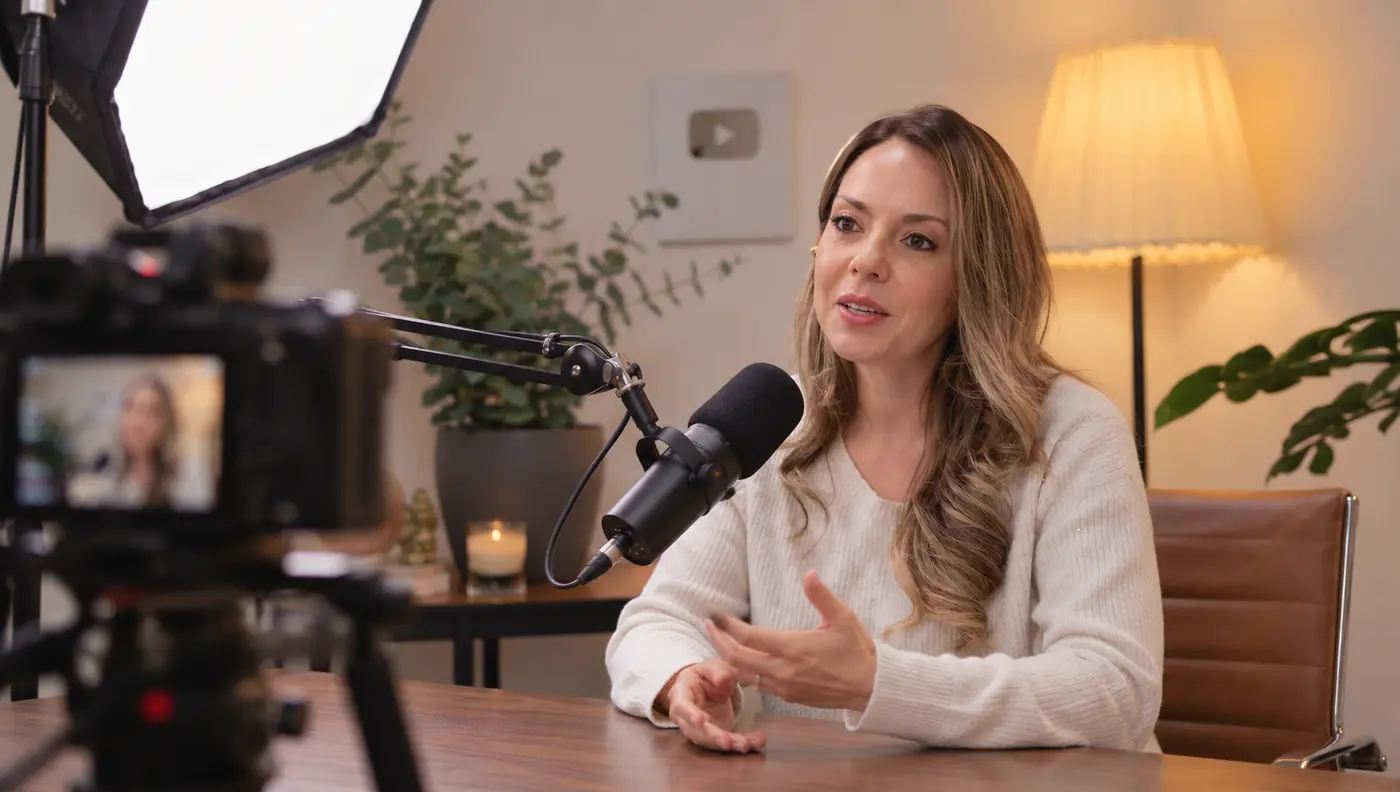 Maggie Pulido grabando un episodio con micrófono de estudio