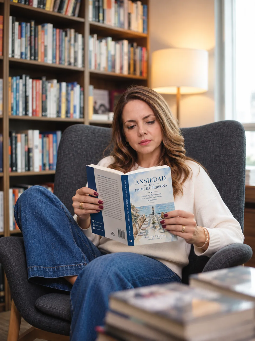 Maggie Pulido leyendo su libro Ansiedad en primera persona en una biblioteca
