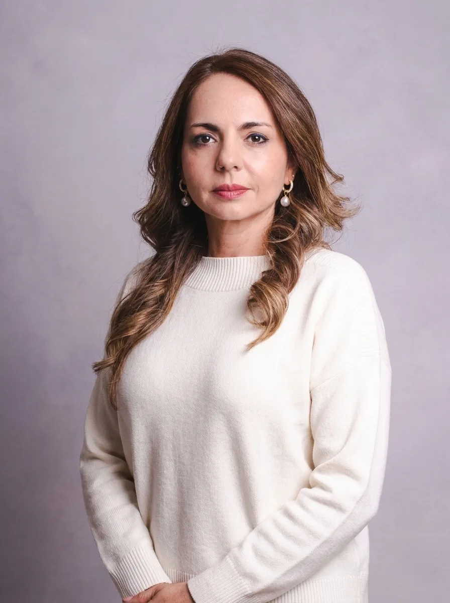 Retrato de tres cuartos de Maggie Pulido sobre fondo neutro