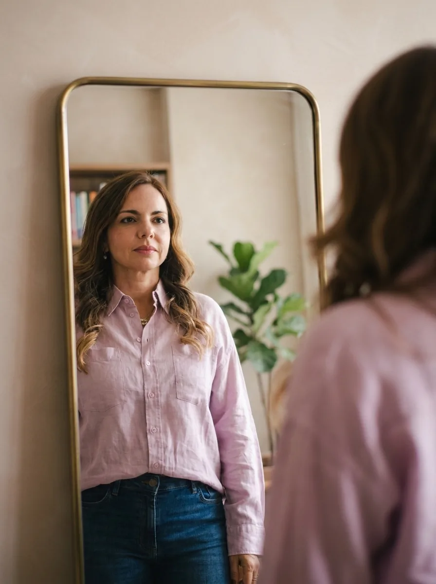 Mujer frente a un espejo de cuerpo entero, mirando su reflejo