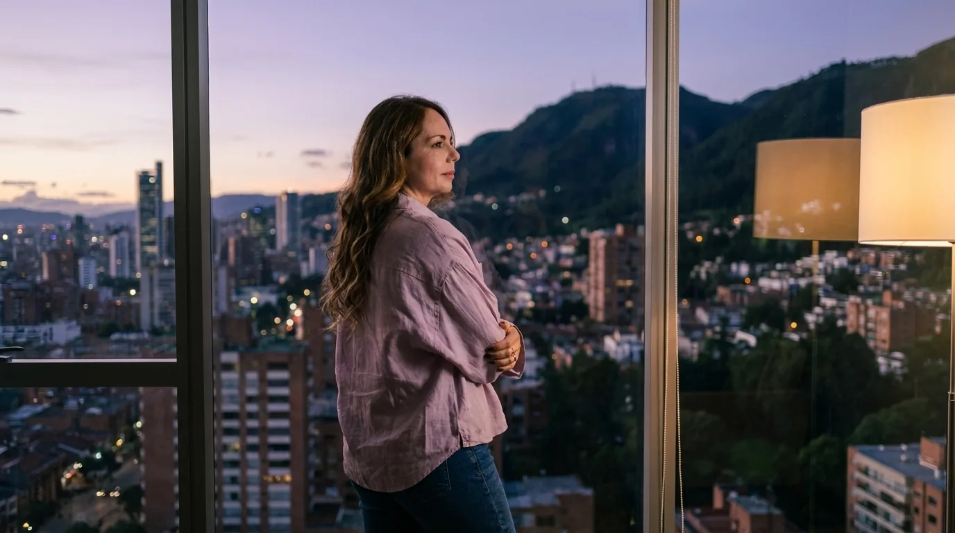 Mujer frente a un ventanal con vista a Bogotá al atardecer