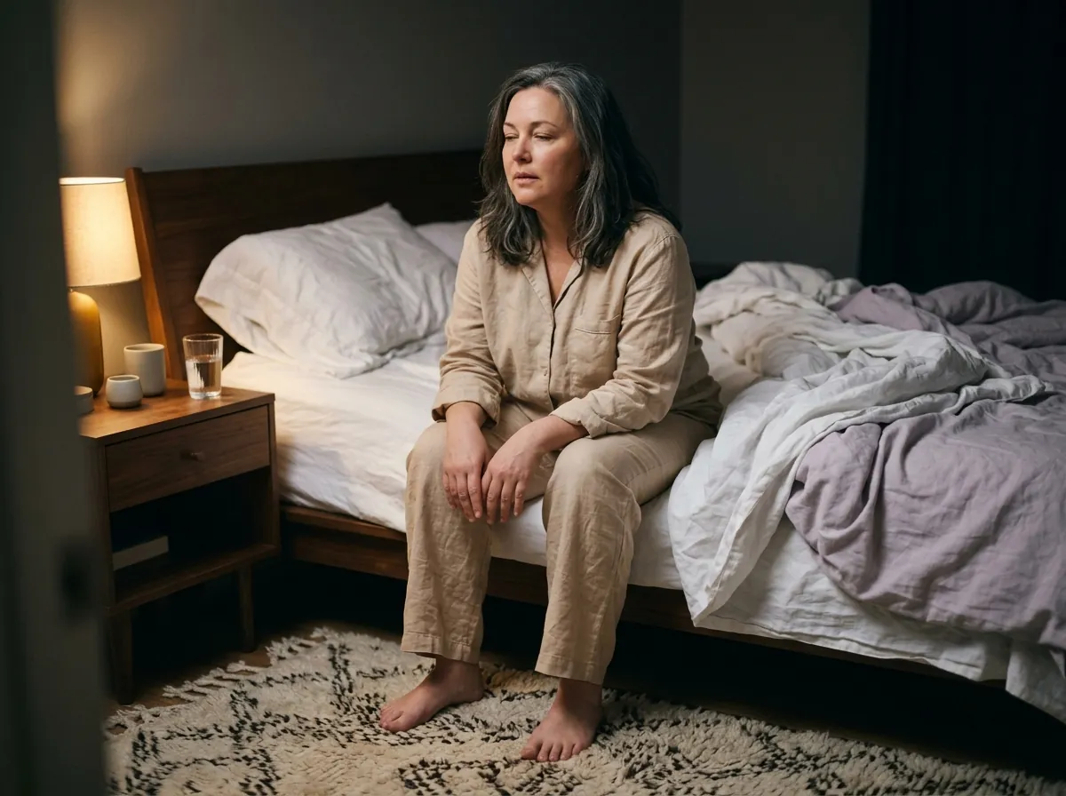 Mujer sentada al borde de la cama de noche intentando calmarse tras despertar con un ataque de pánico