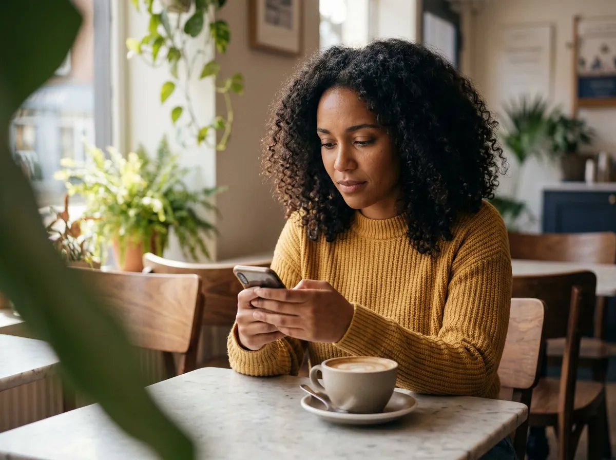 Mujer sola en un café mirando su celular mientras espera un mensaje