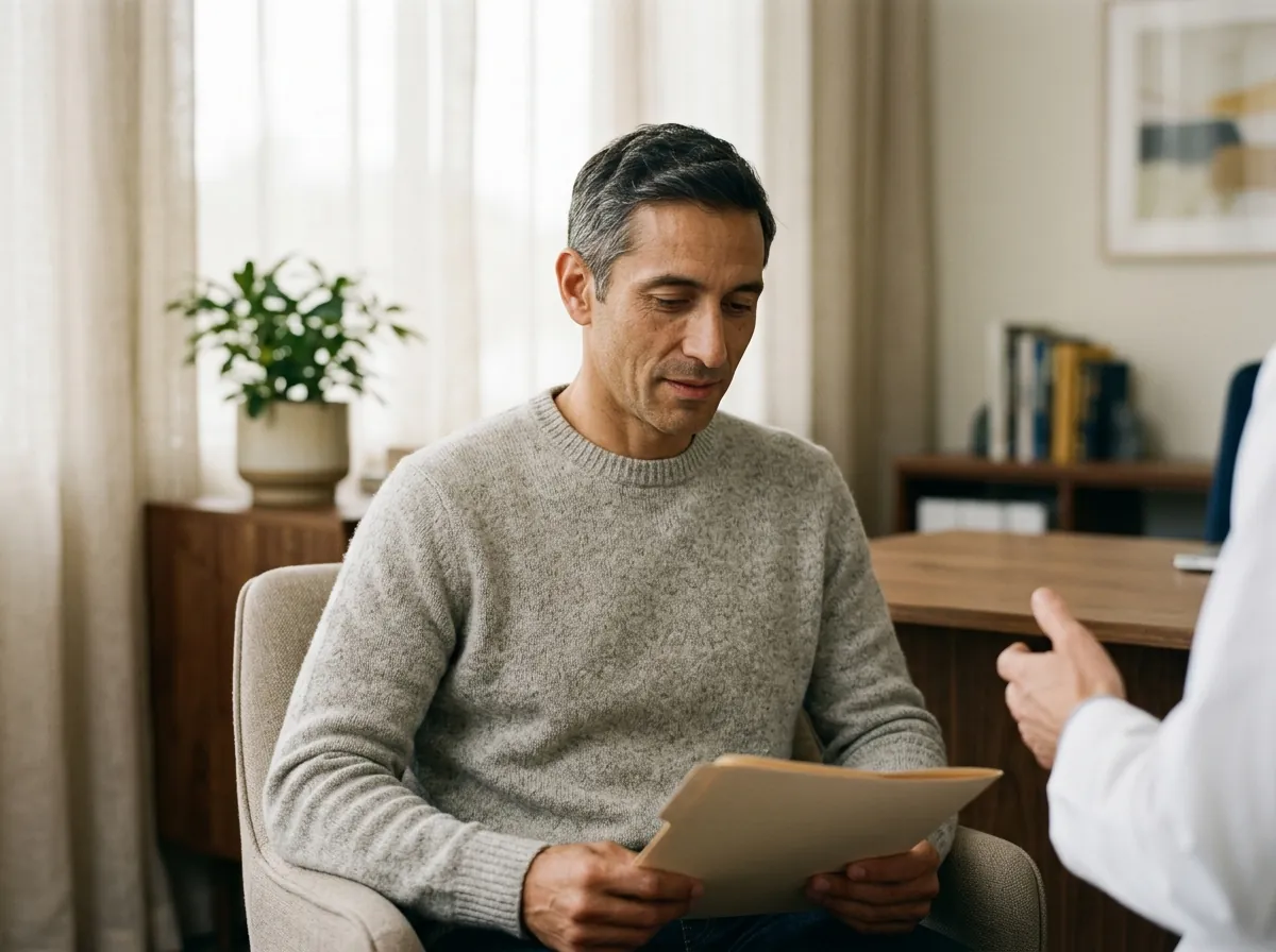 Hombre en un consultorio médico con sus resultados de exámenes, aliviado pero confundido
