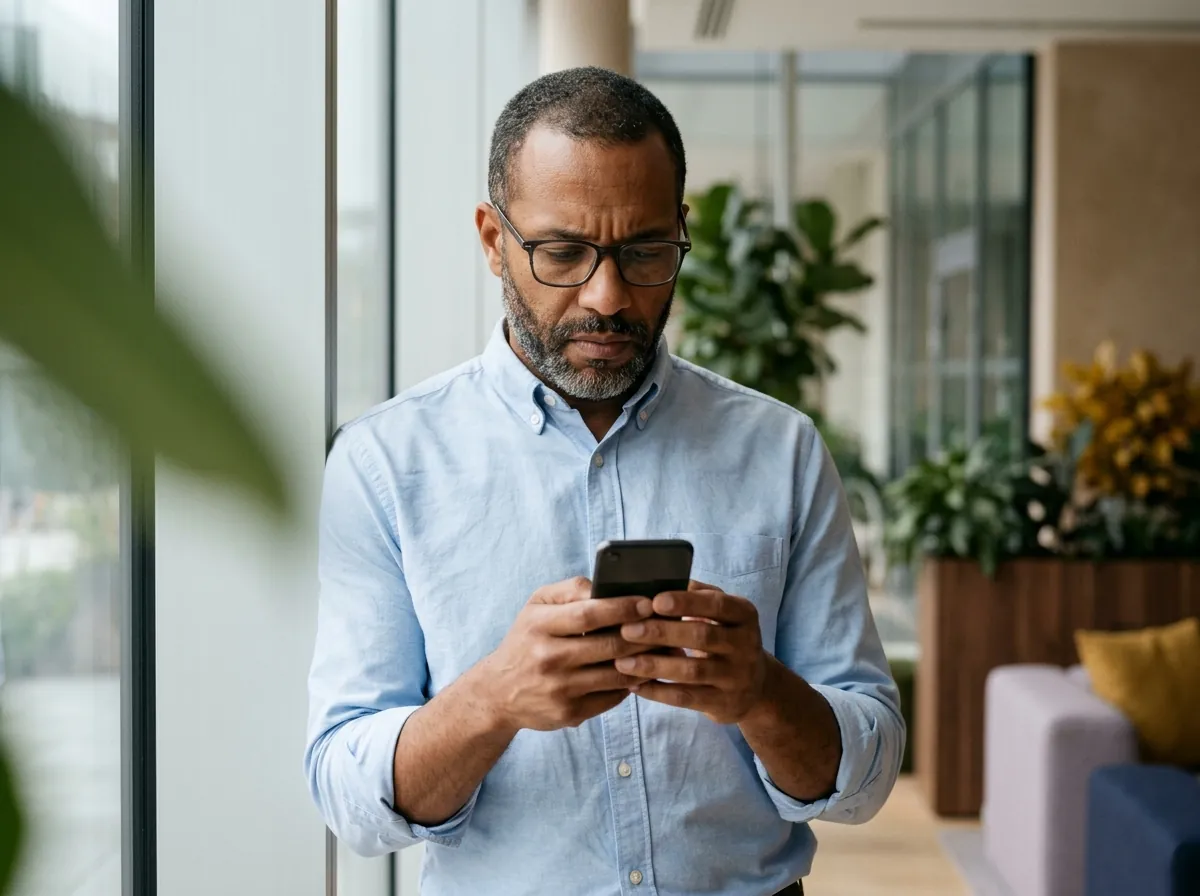 Hombre preocupado mirando su celular tras recibir un mensaje corto en el trabajo