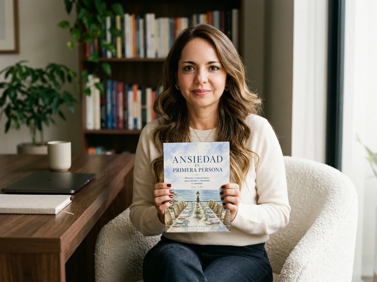Maggie Pulido sosteniendo su libro Ansiedad en primera persona en su consultorio
