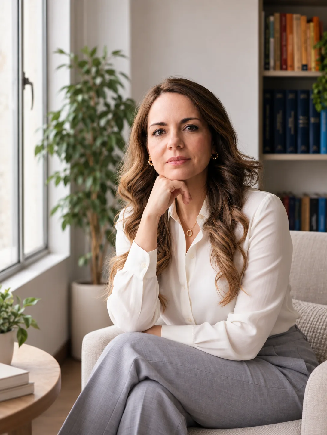 Maggie Pulido sentada en un sillón junto a la ventana, en actitud de escucha