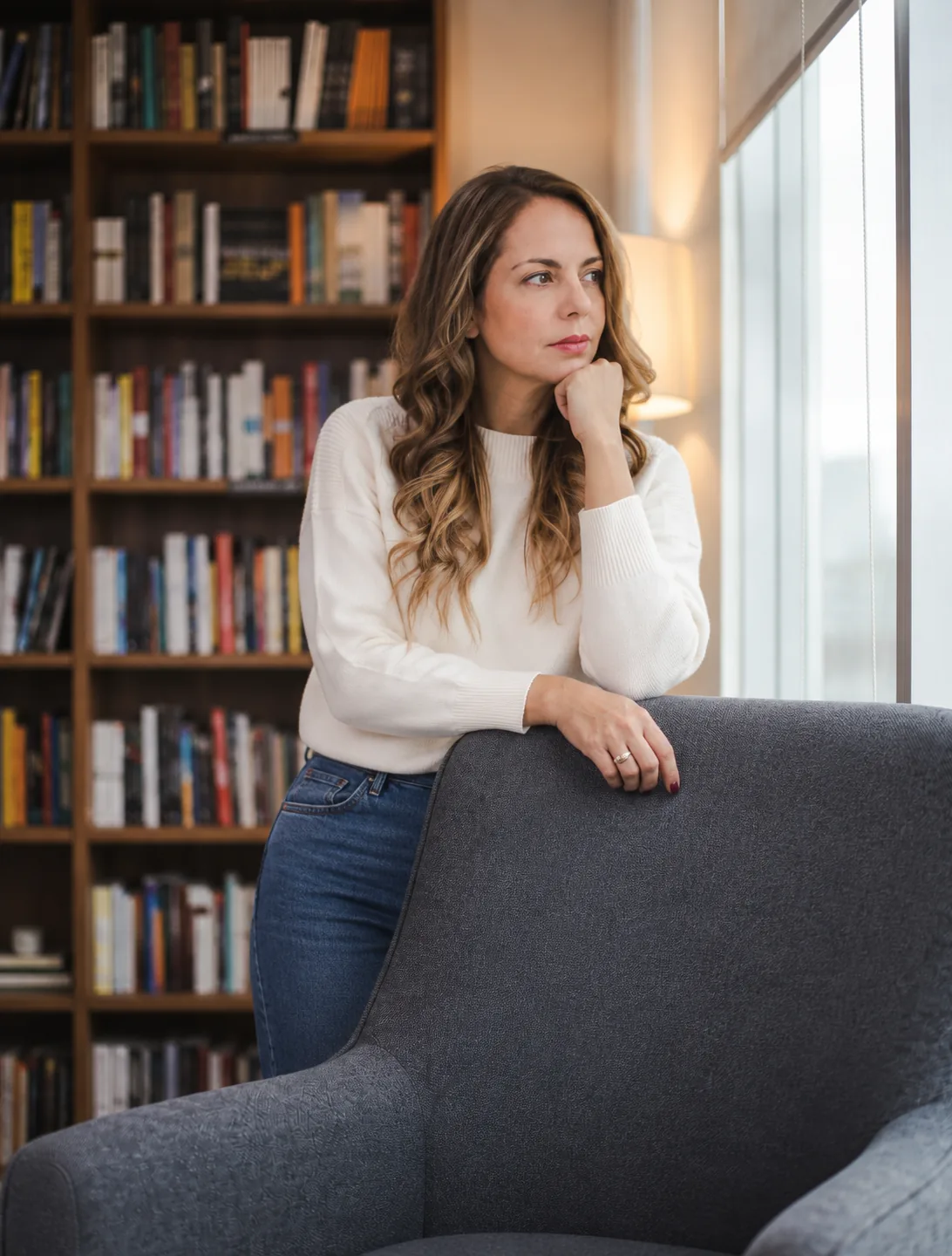 Maggie Pulido de pie junto a la ventana, en un momento de reflexión