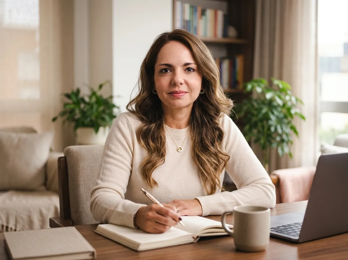 Maggie Pulido tomando notas en su consultorio durante una sesión de terapia online
