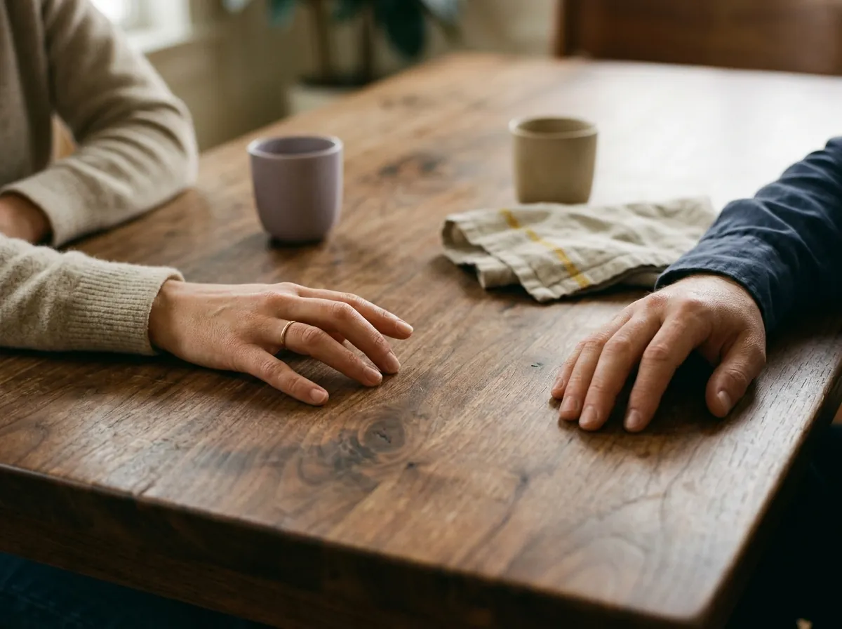 Dos manos sobre una mesa: una se acerca y la otra se retira