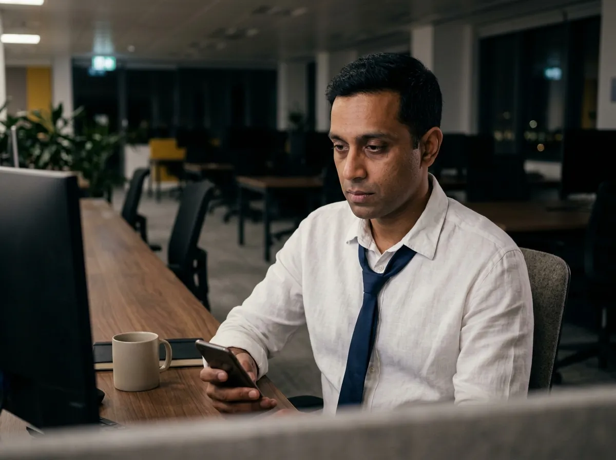 Hombre cansado en una oficina vacía de noche mirando notificaciones del trabajo en su celular