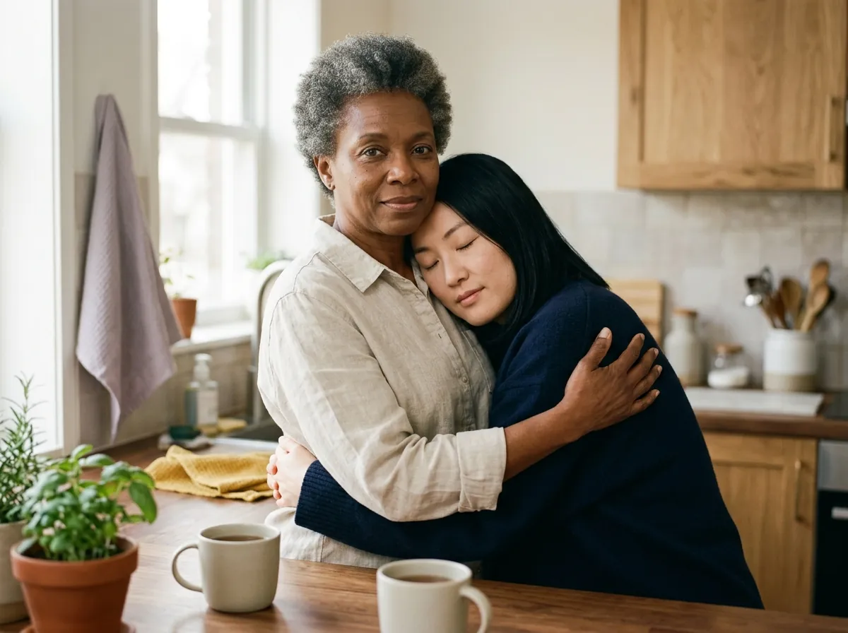 Dos amigas abrazándose en una cocina, una consolando a la otra