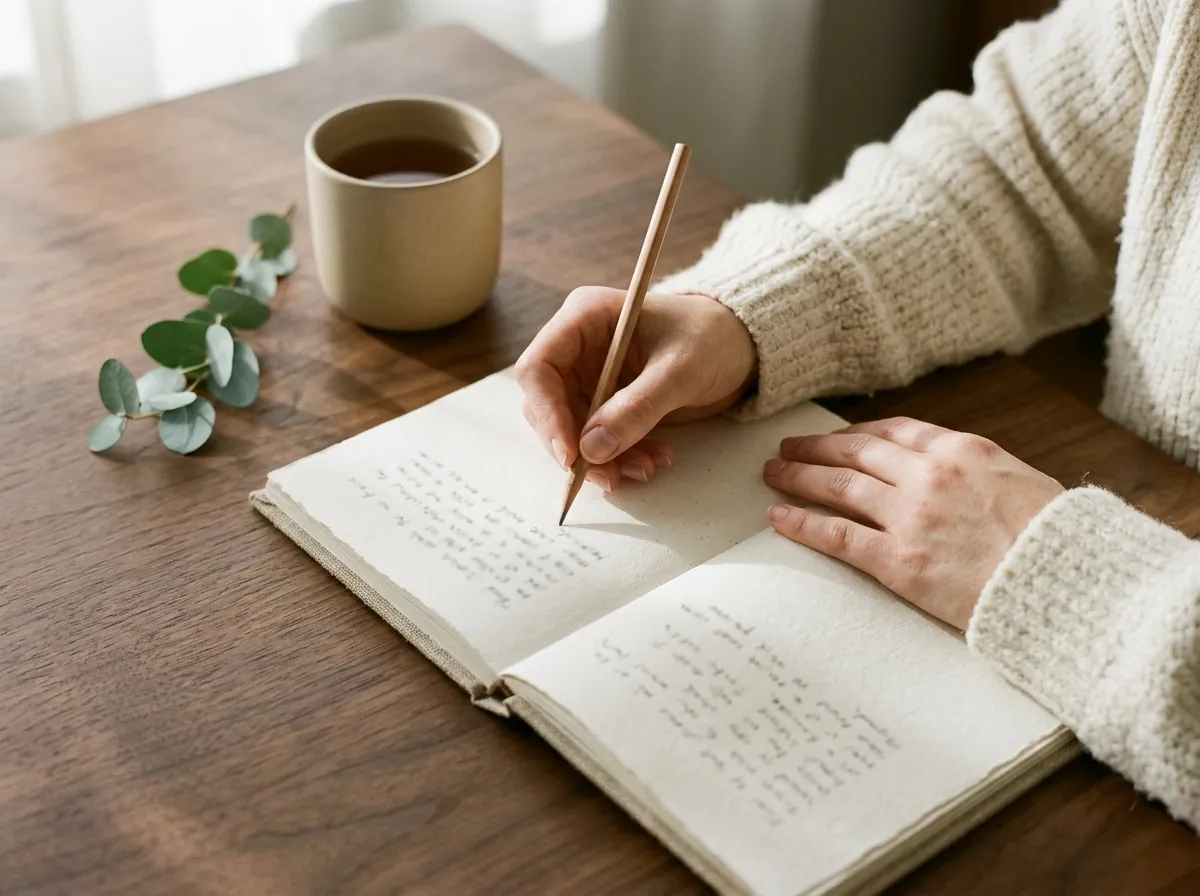 Manos escribiendo en un cuaderno un registro de pensamientos, junto a una taza de cerámica