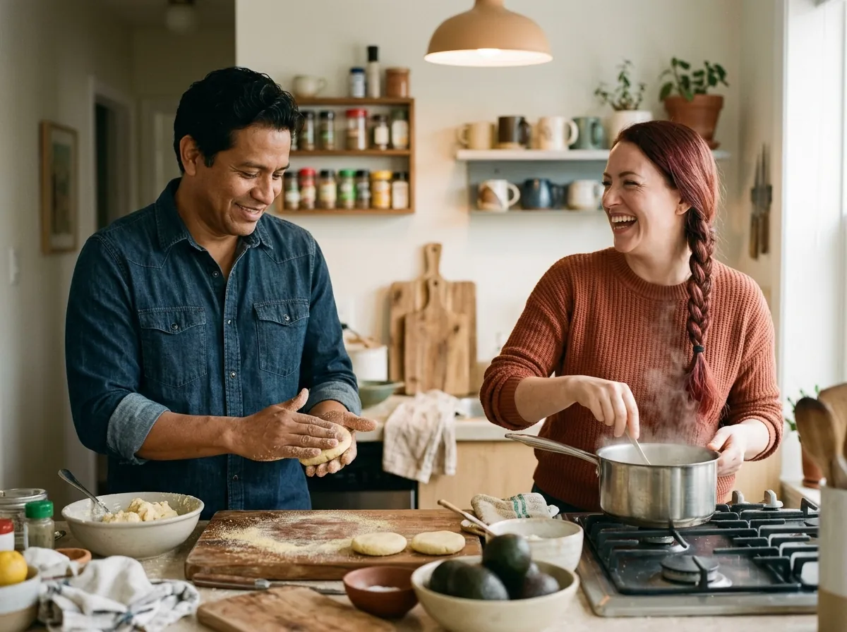 Dos amigos latinoamericanos cocinando juntos en una cocina pequeña, manteniendo sus rituales culturales