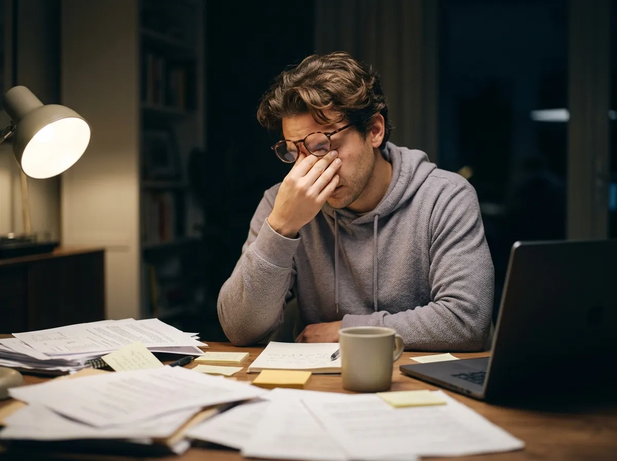 Hombre joven revisando de noche documentos y su portátil una y otra vez, sobrepreparándose