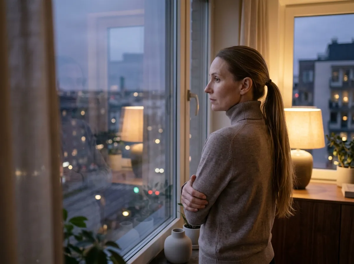 Mujer sola junto a una ventana al atardecer, reflejada en el vidrio